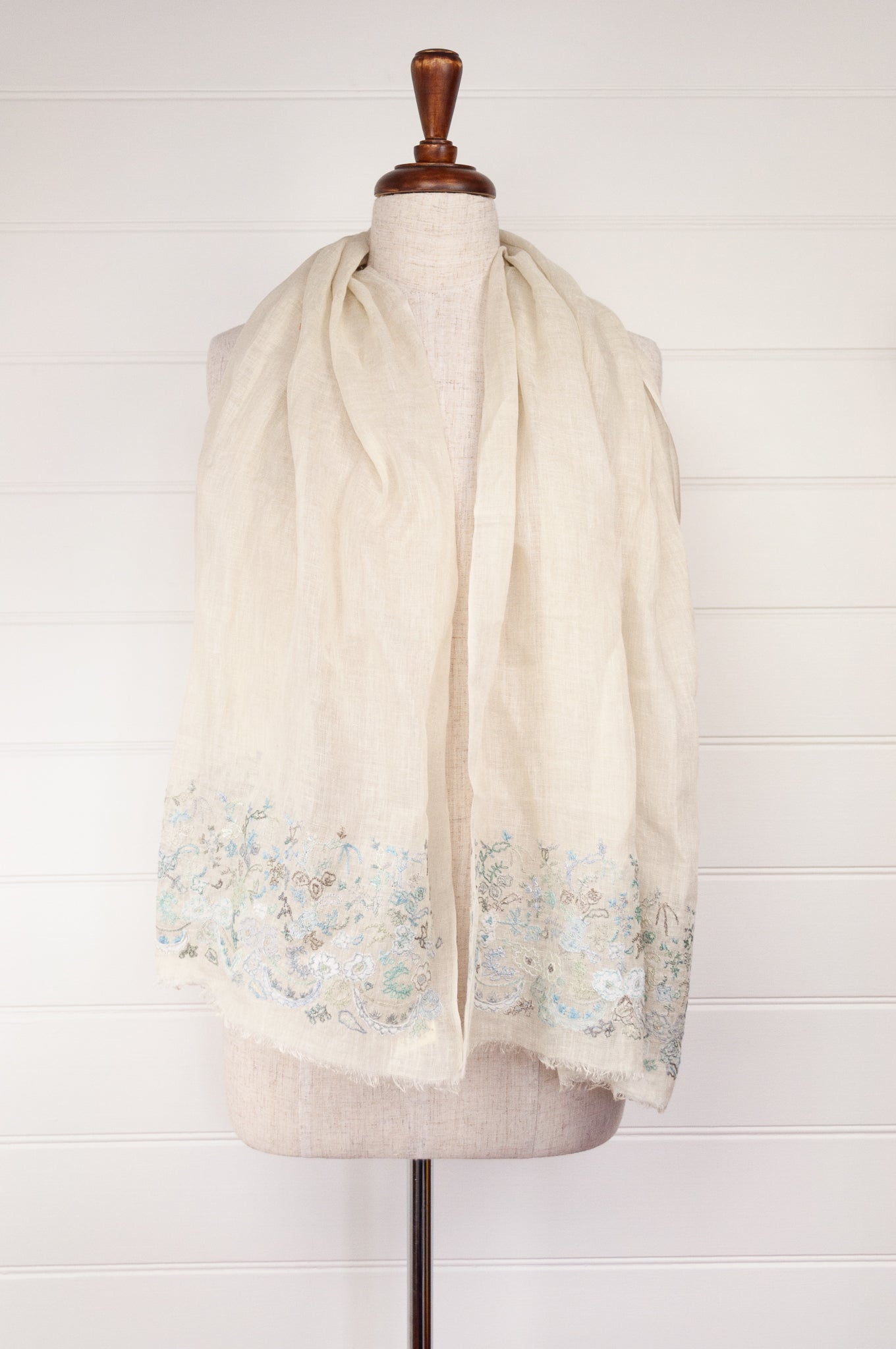 Sophie Digard embroidered linen stole Kaatje on fine ecru linen, floewrs in soft shades of blue and sage green.