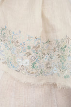 Load image into Gallery viewer, Sophie Digard embroidered linen stole Kaatje on fine ecru linen, floewrs in soft shades of blue and sage green.