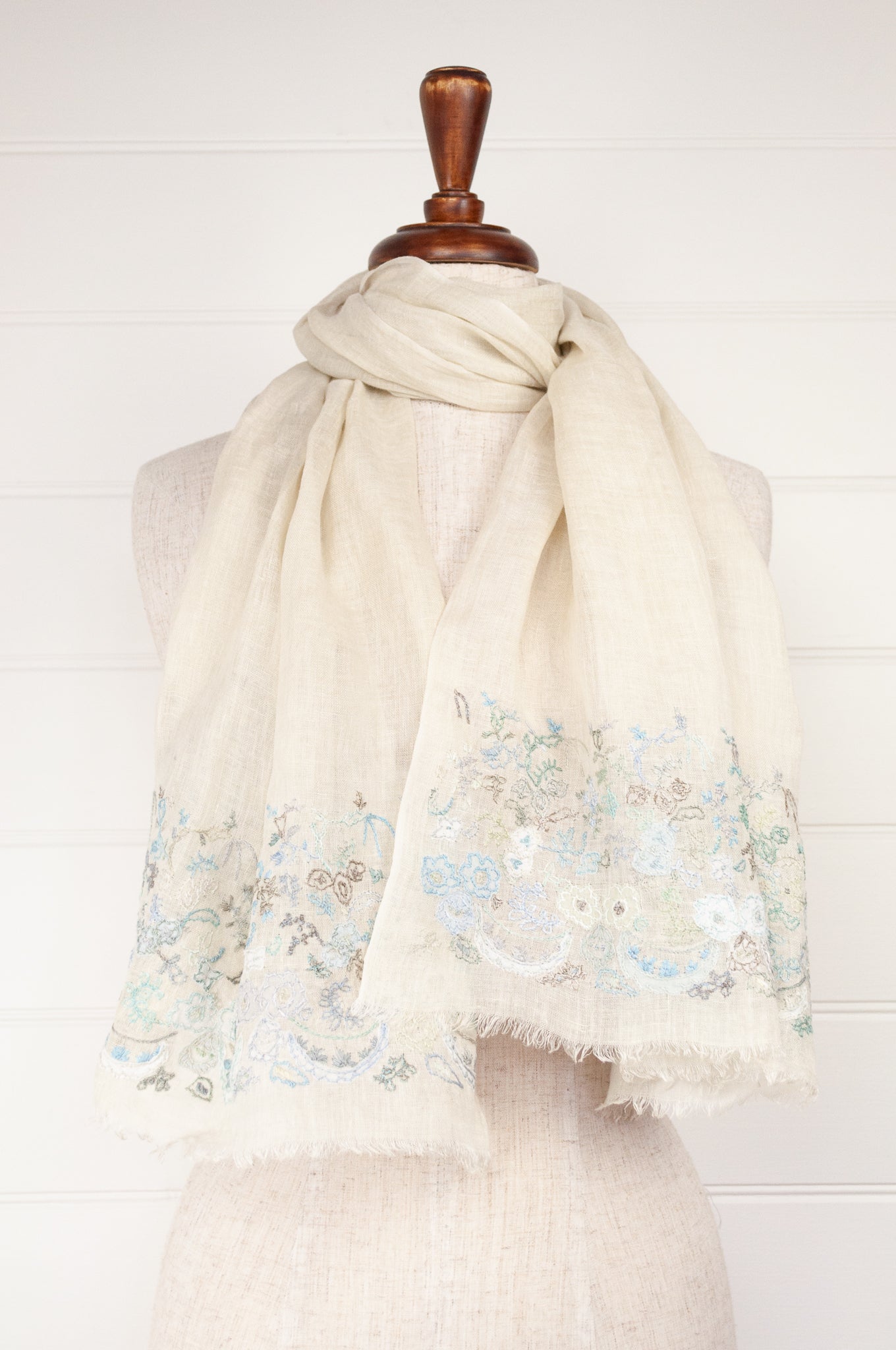 Sophie Digard embroidered linen stole Kaatje on fine ecru linen, floewrs in soft shades of blue and sage green.