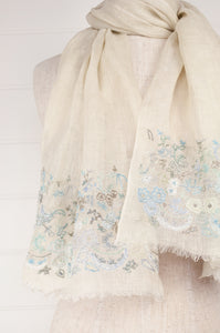 Sophie Digard embroidered linen stole Kaatje on fine ecru linen, floewrs in soft shades of blue and sage green.