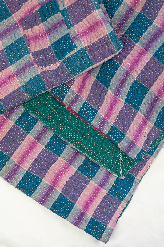 VIntage kantha quilt, heavier weight Odika, in stripes and checks in deep pink, blue, emerald green, teal and  purple.