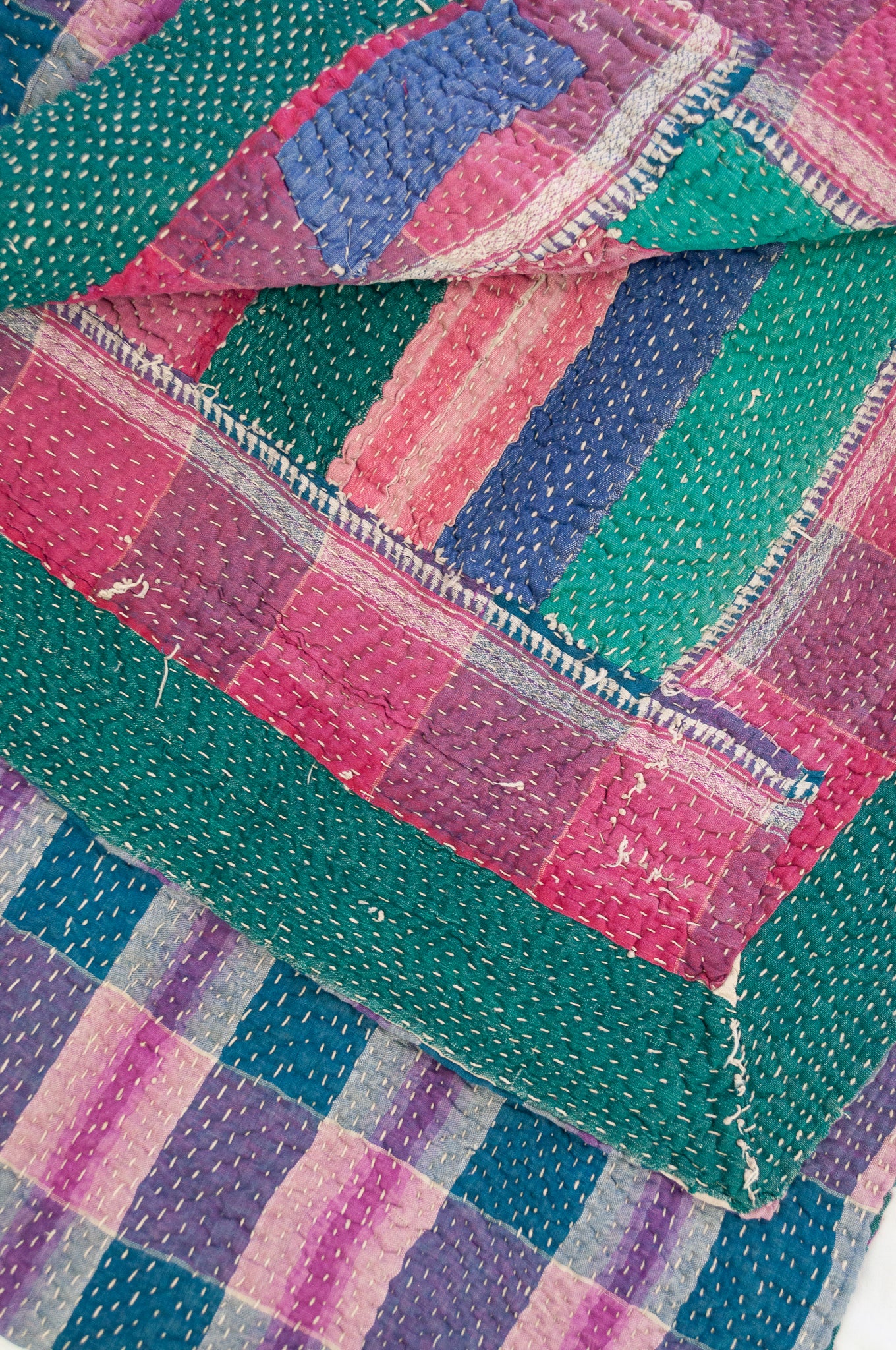 VIntage kantha quilt, heavier weight Odika, in stripes and checks in deep pink, blue, emerald green, teal and purple.