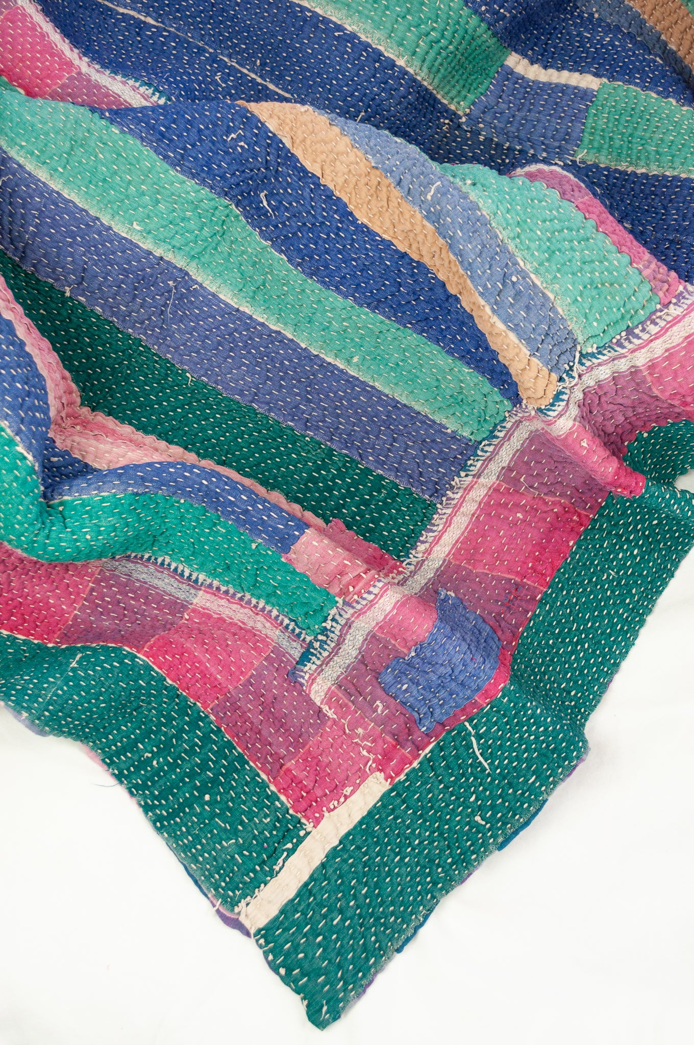 VIntage kantha quilt, heavier weight Odika, in stripes and checks in deep pink, blue, emerald green, teal and purple.