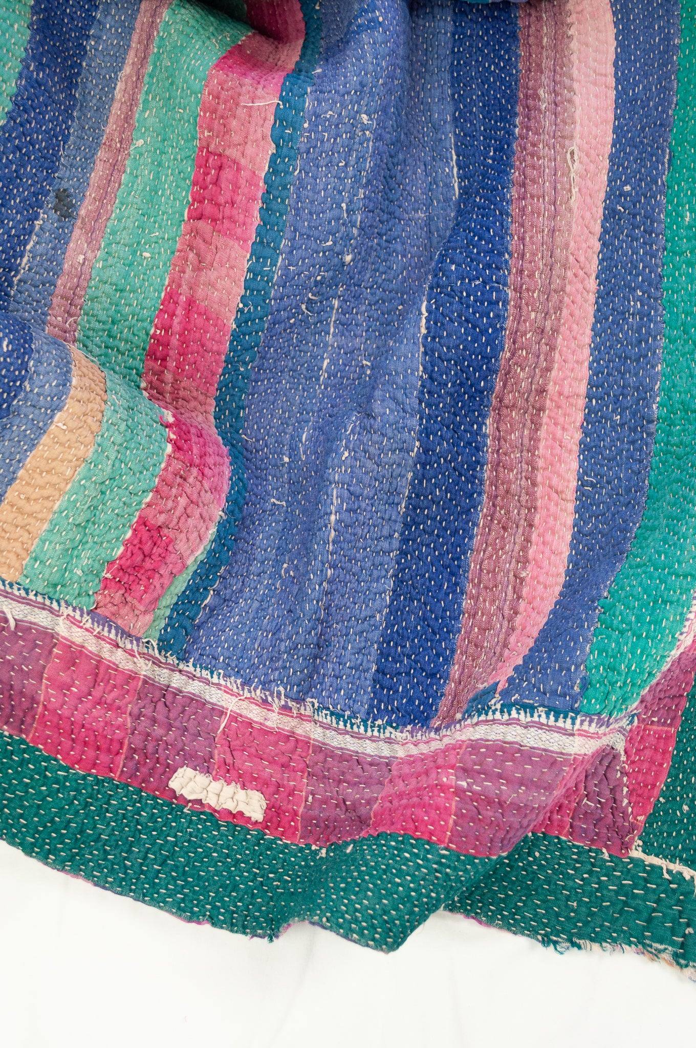 VIntage kantha quilt, heavier weight Odika, in stripes and checks in deep pink, blue, emerald green, teal and purple.