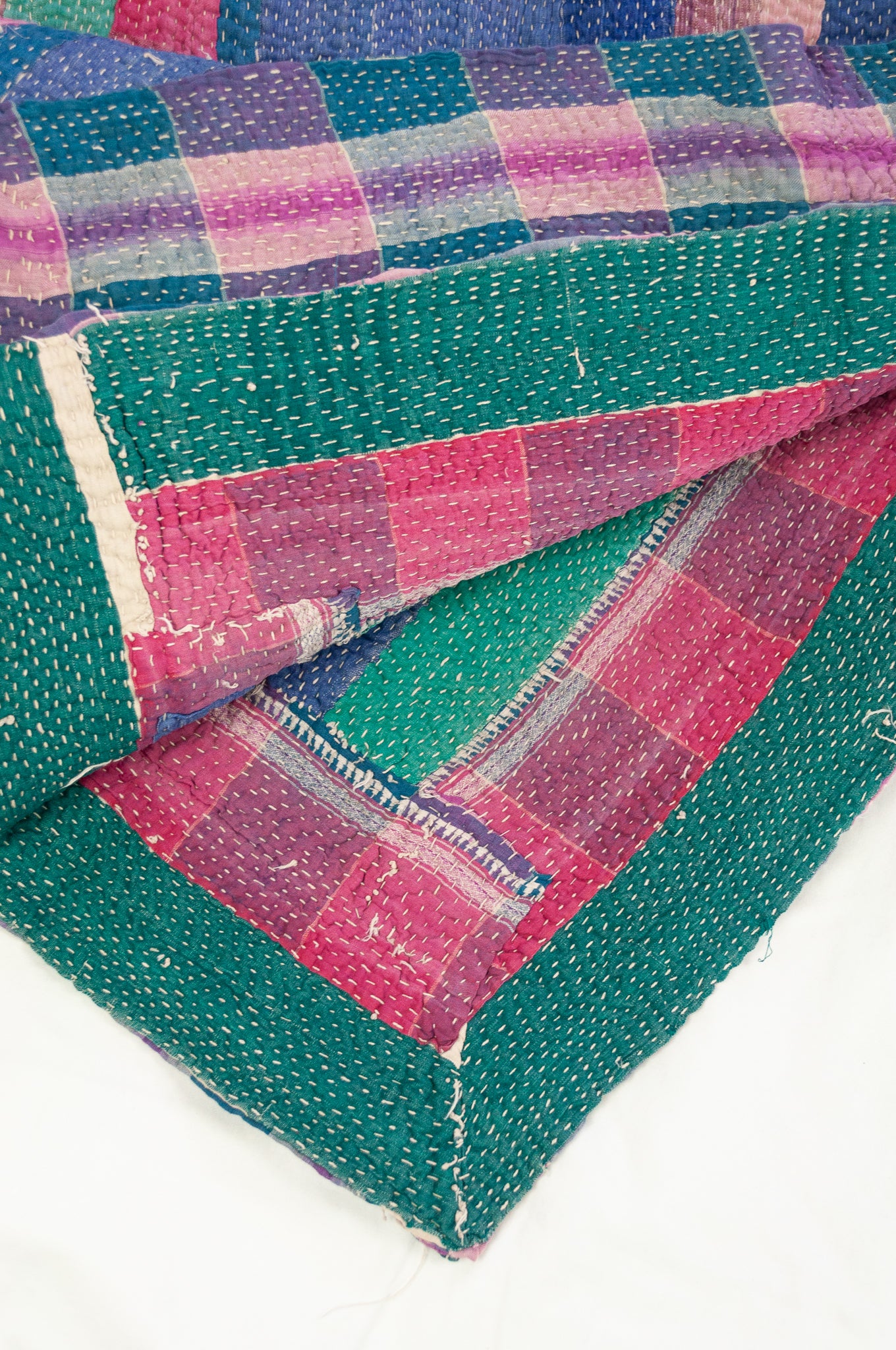 VIntage kantha quilt, heavier weight Odika, in stripes and checks in deep pink, blue, emerald green, teal and purple.