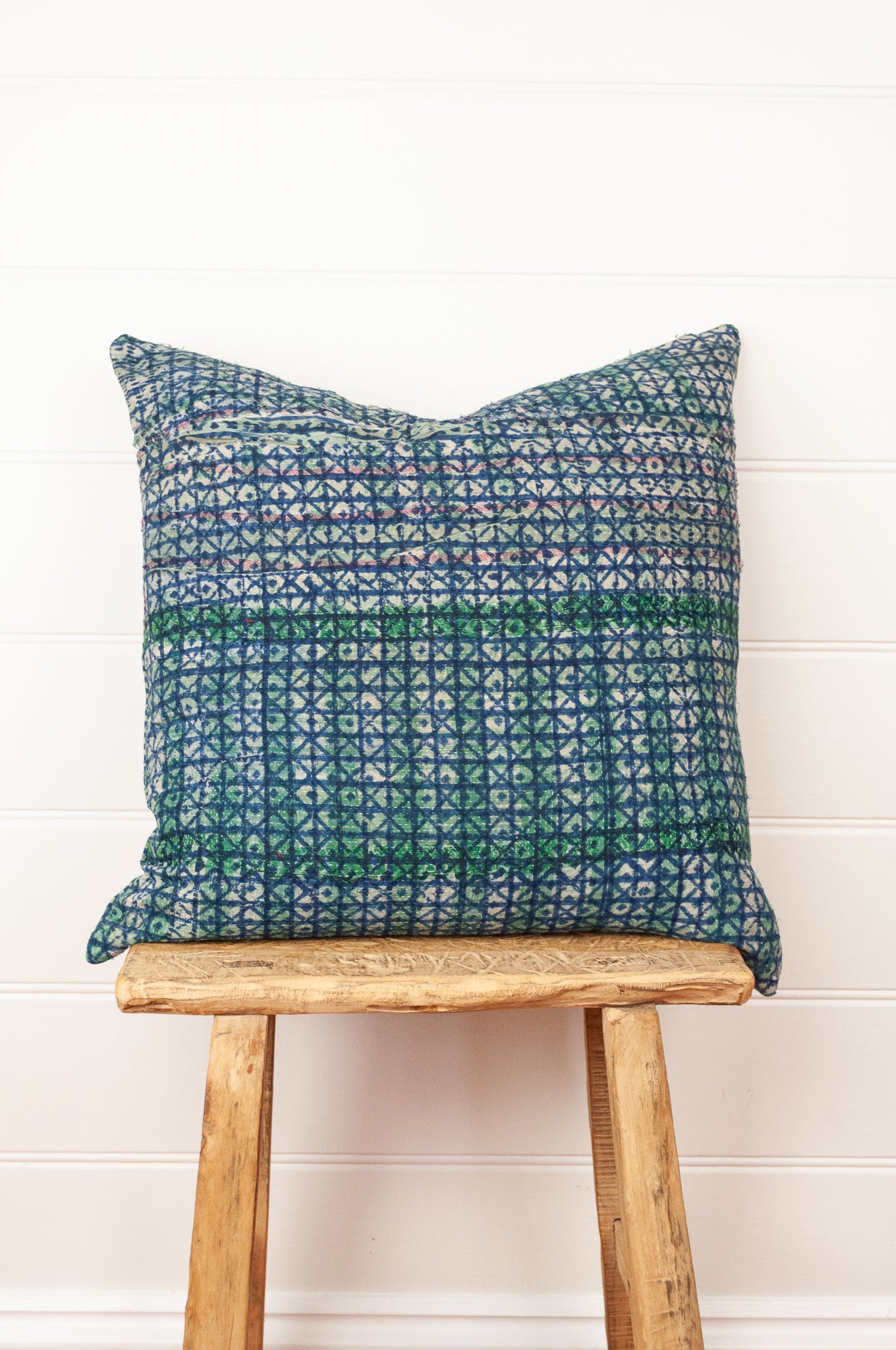 Vintage kantha blockprint cushion - blue check