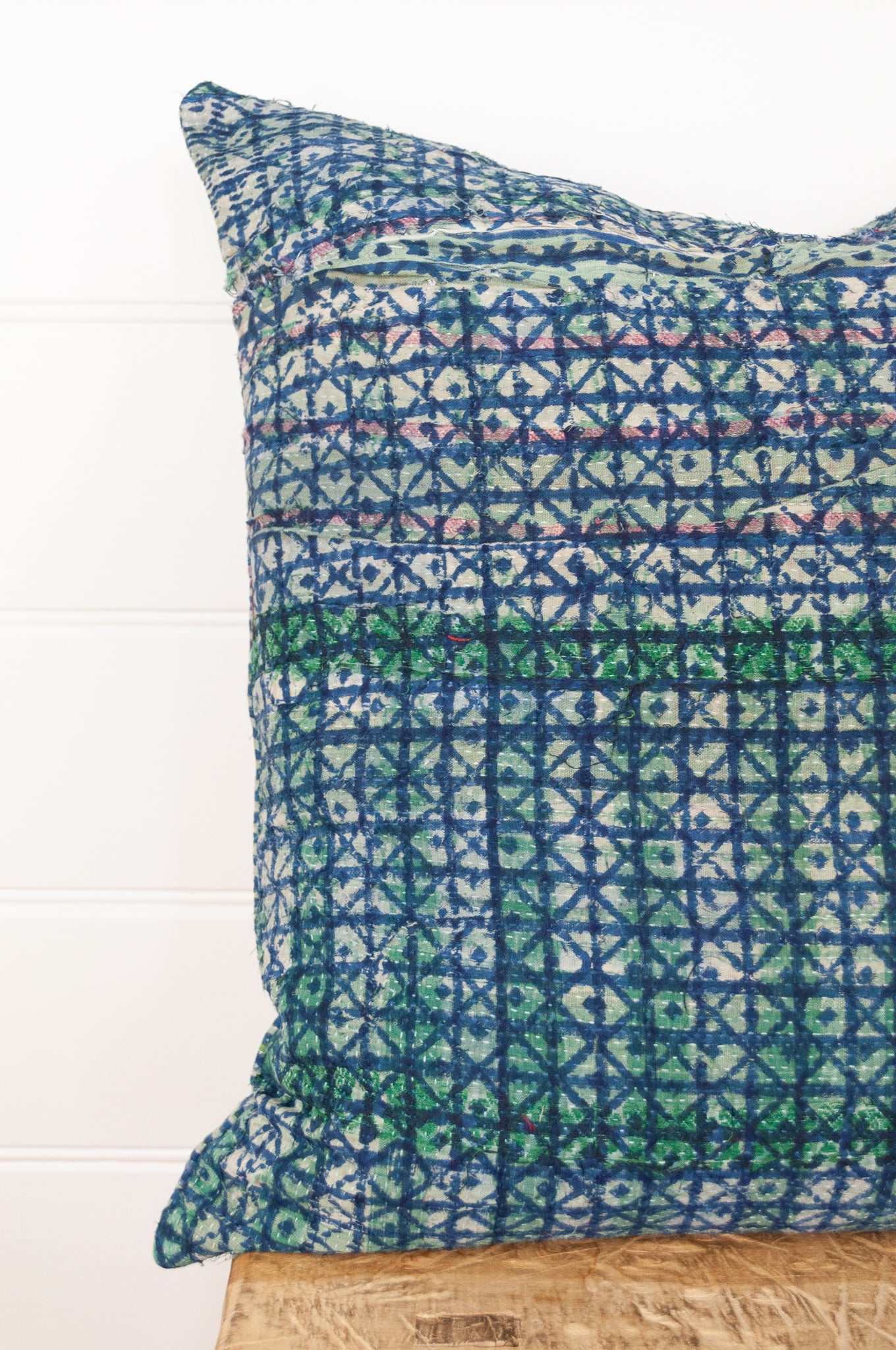 Vintage kantha blockprint cushion - blue check