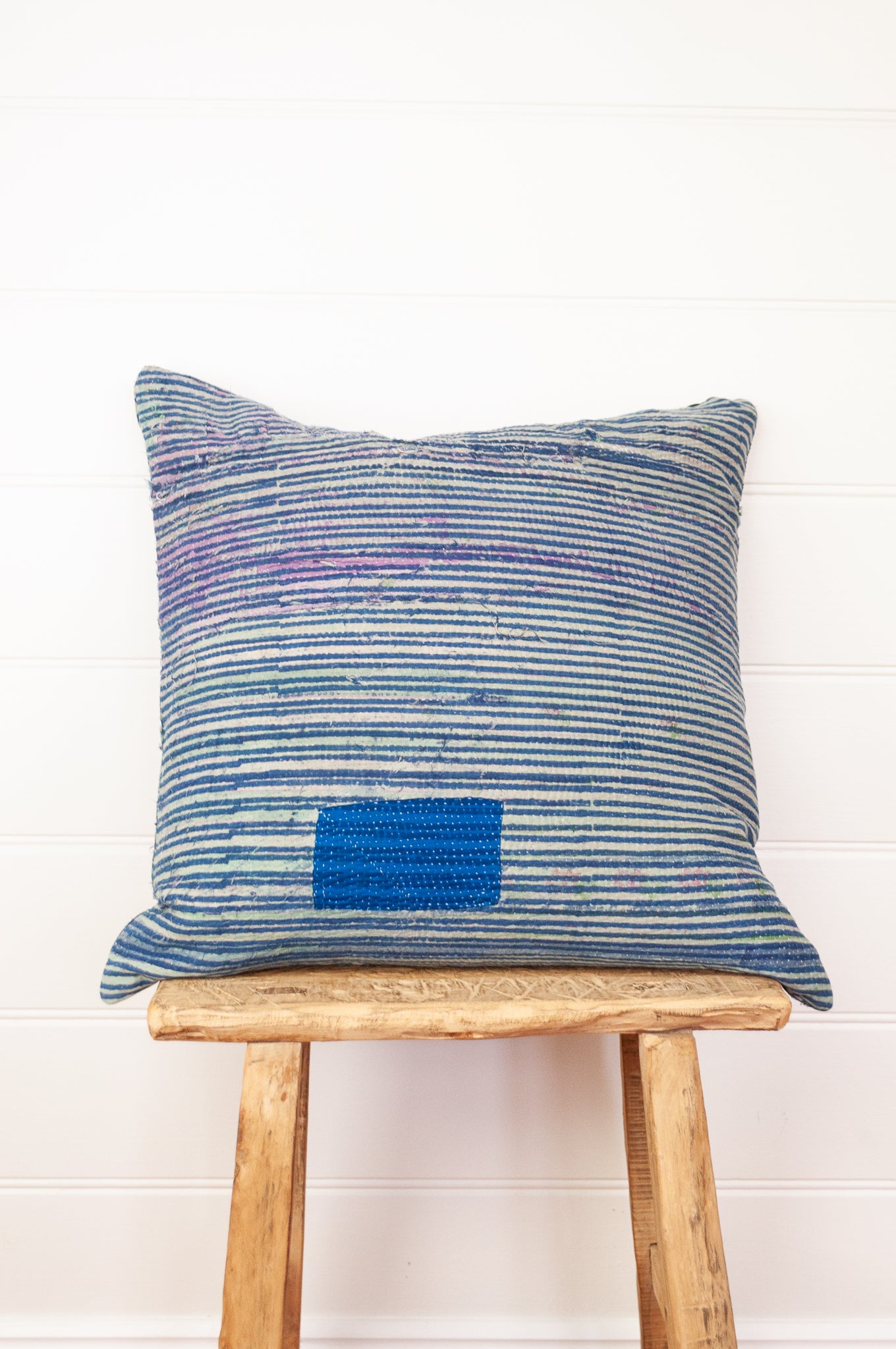 Vintage kantha blockprint cushion - blue check