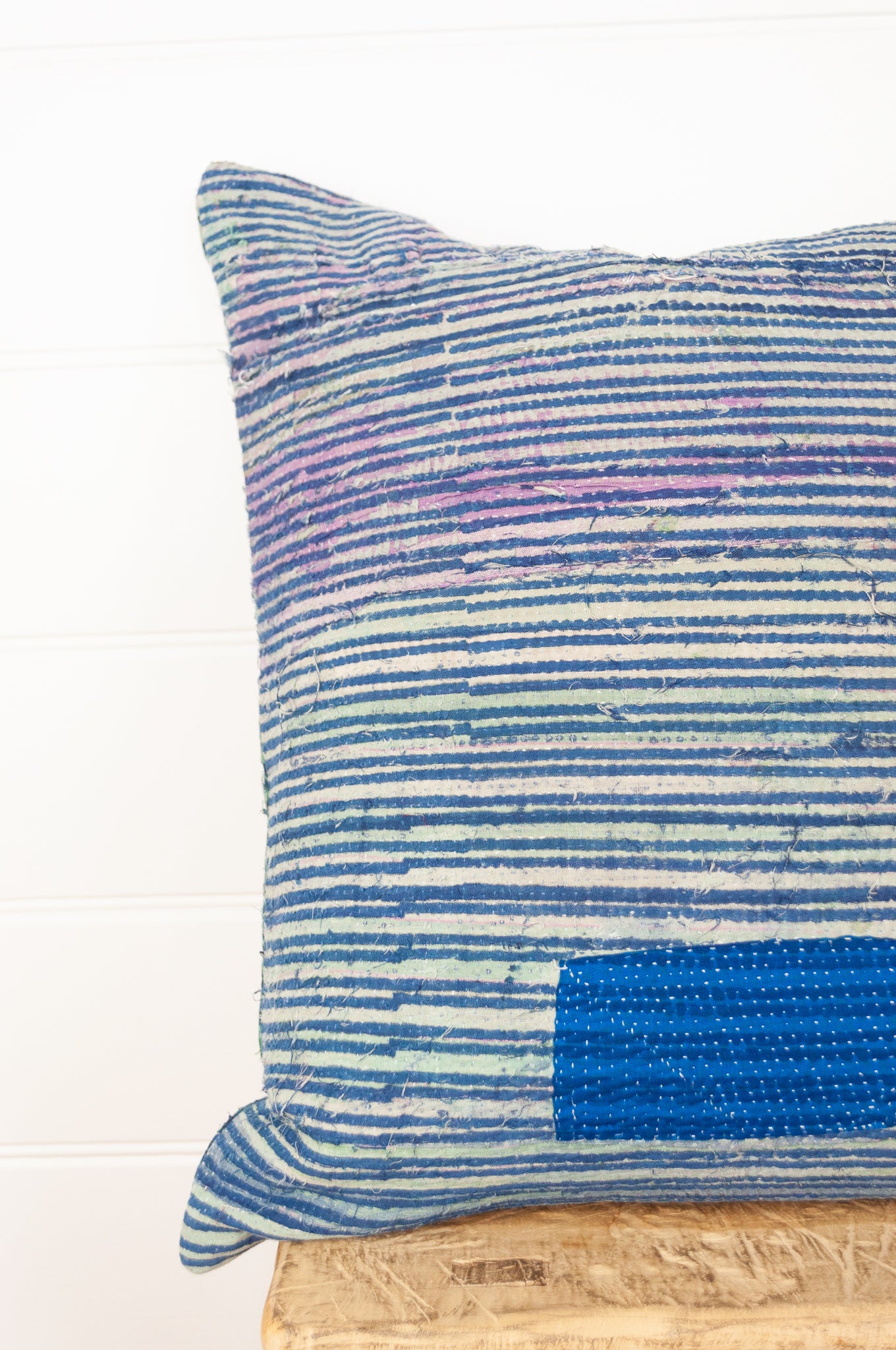 Vintage kantha blockprint cushion - blue check