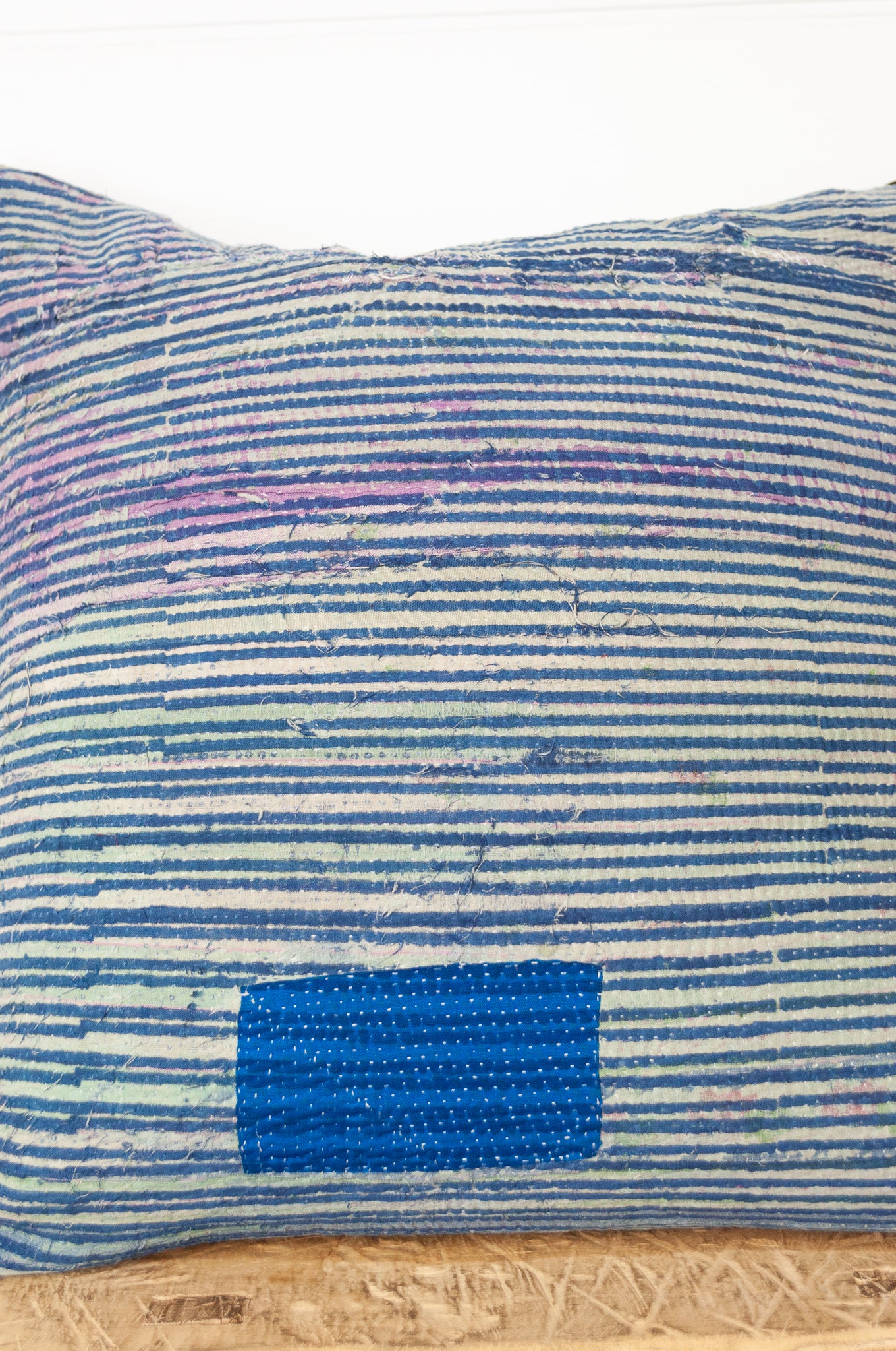 Vintage kantha blockprint cushion - blue check