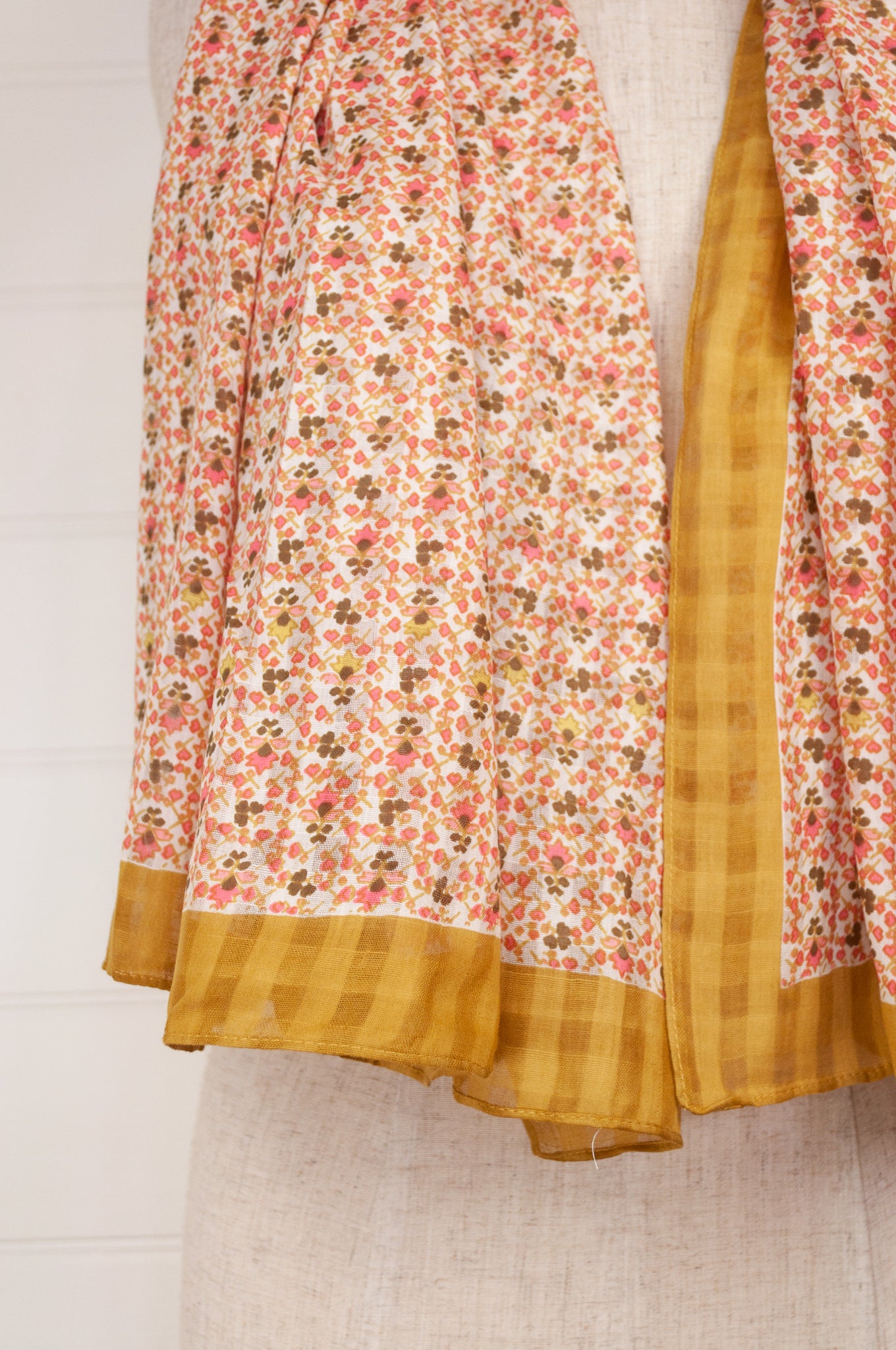 Anna Kaszer designed in Paris, made in India fine cotton dobby voile scarf, small all over floral with self check in mustard, coral and white.