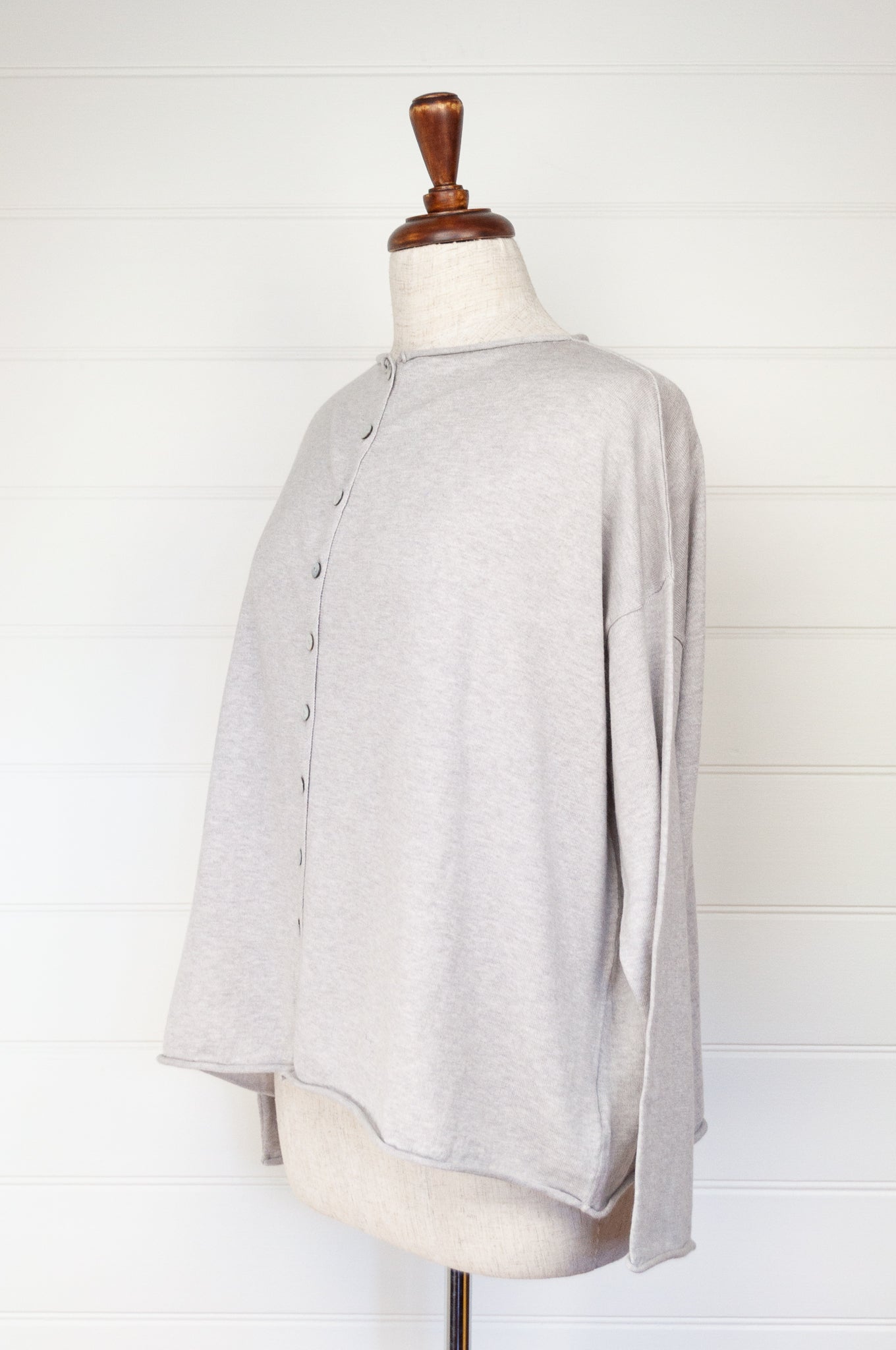 One size reversible cardigan in cashmere cotton, light ash grey. Ethically made in Nepal.