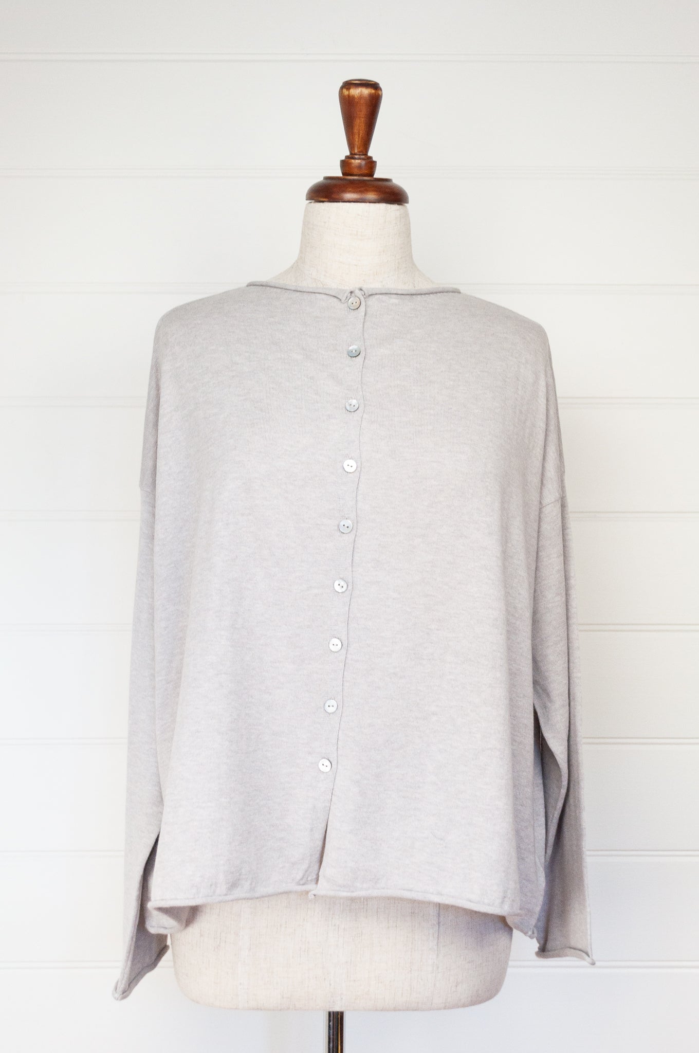 One size reversible cardigan in cashmere cotton, light ash grey. Ethically made in Nepal.