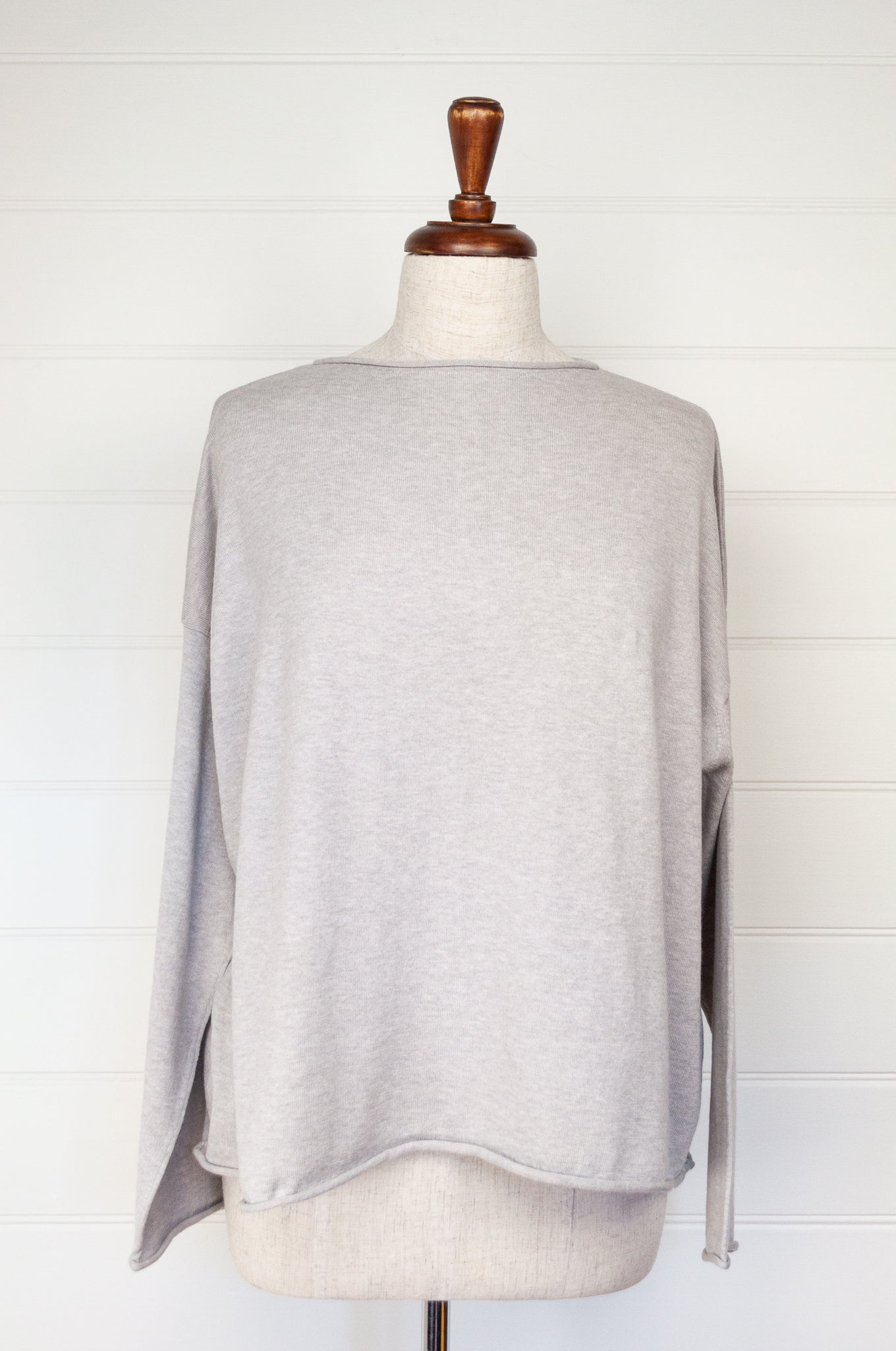 One size reversible cardigan in cashmere cotton, light ash grey. Ethically made in Nepal.