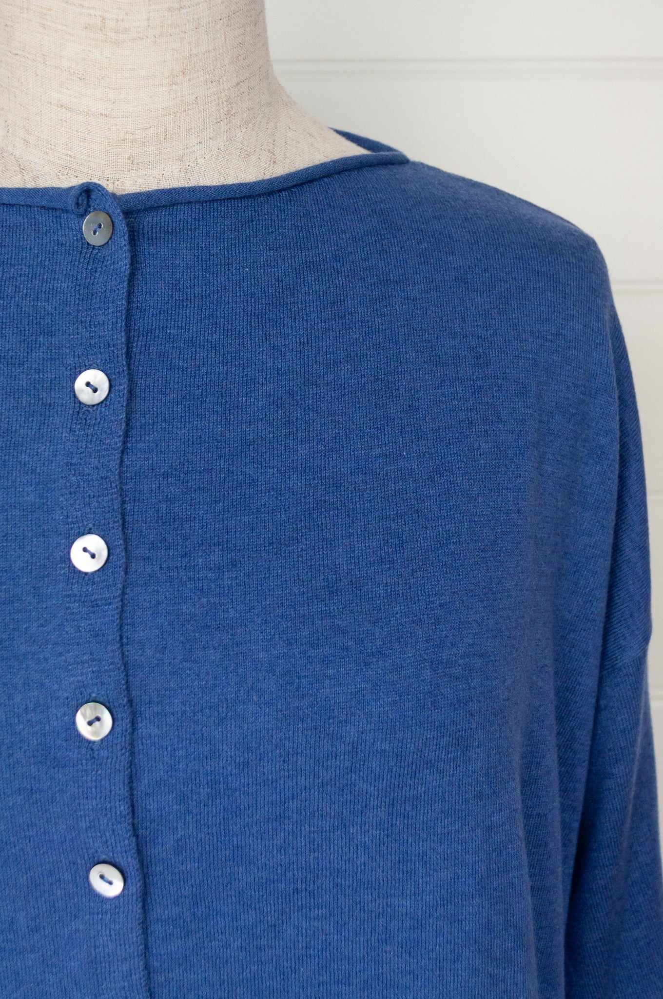 One size reversible cardigan in cashmere cotton, marine blue. Ethically made in Nepal.