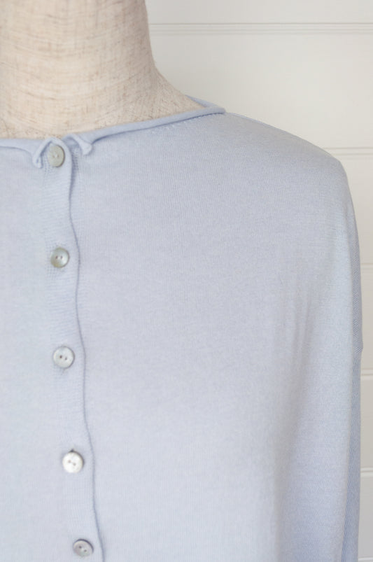 One size reversible cardigan in cashmere cotton, light blue. Ethically made in Nepal.