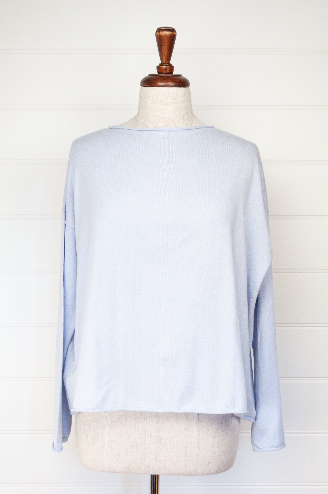 One size reversible cardigan in cashmere cotton, light blue. Ethically made in Nepal.