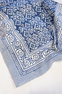 Block printed pure cotton blue and white floral print Nila table cloth.