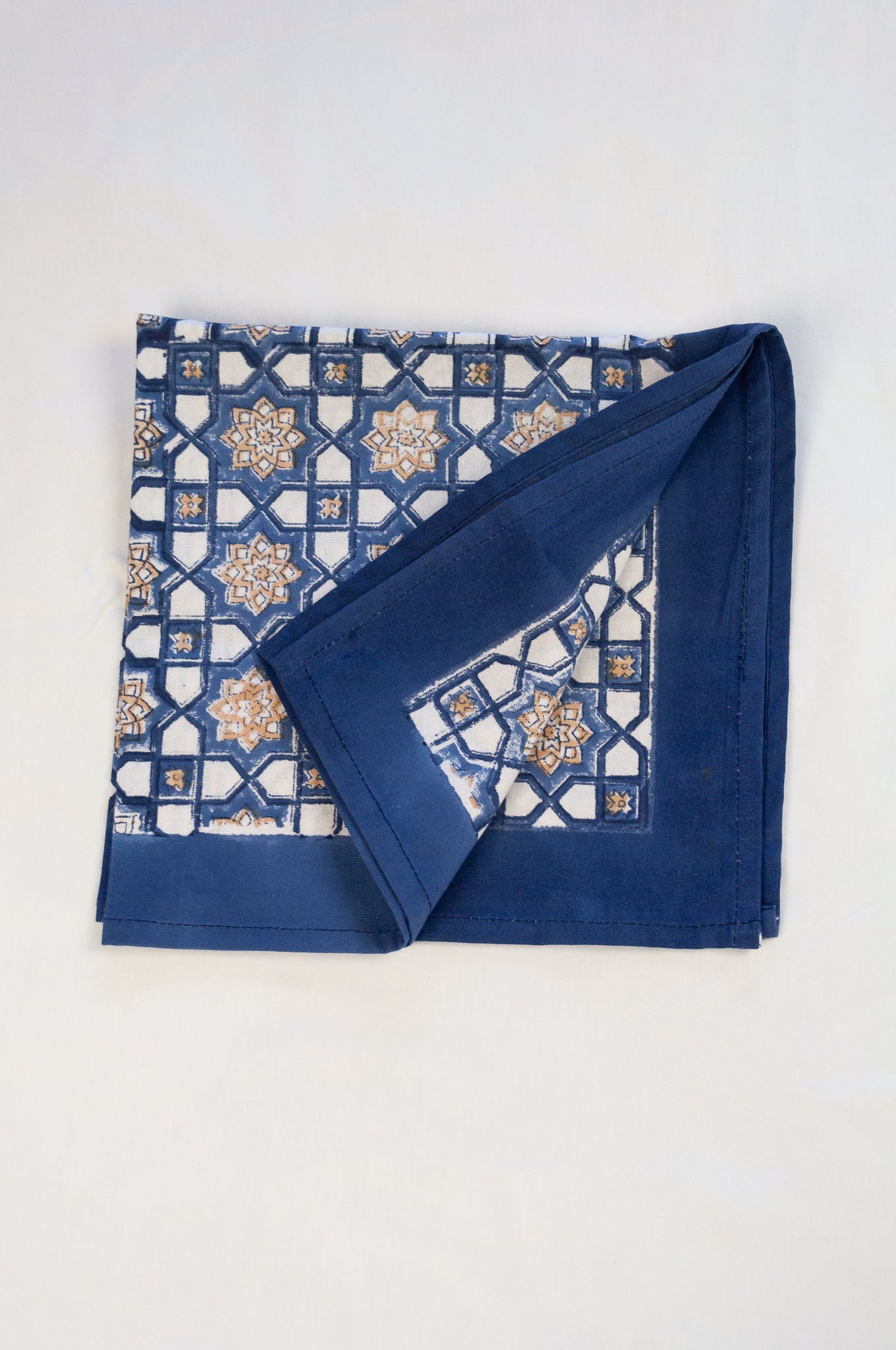 Block print cotton table napkins, Almira Moroccan tile print indigo and denim blue with soft gold