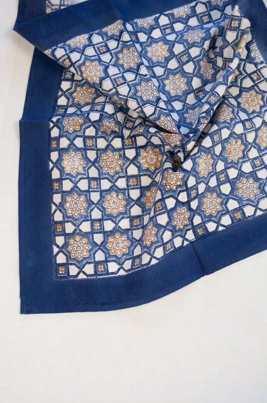 Block print cotton table napkins, Almira Moroccan tile print indigo and denim blue with soft gold