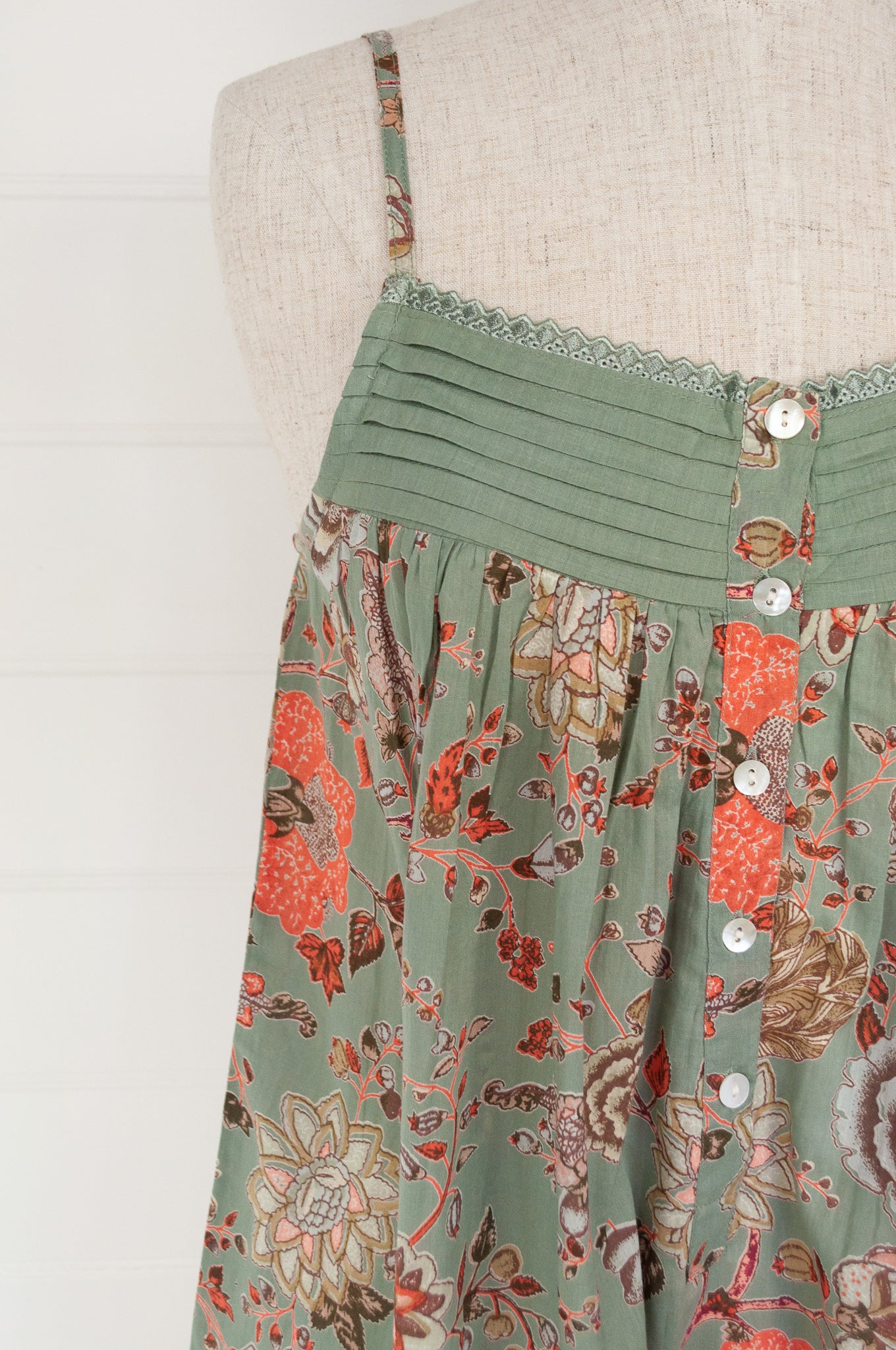 Juniper Hearth 100% cotton, screen printed by hand floral print summer nightdress nighty in sage green.