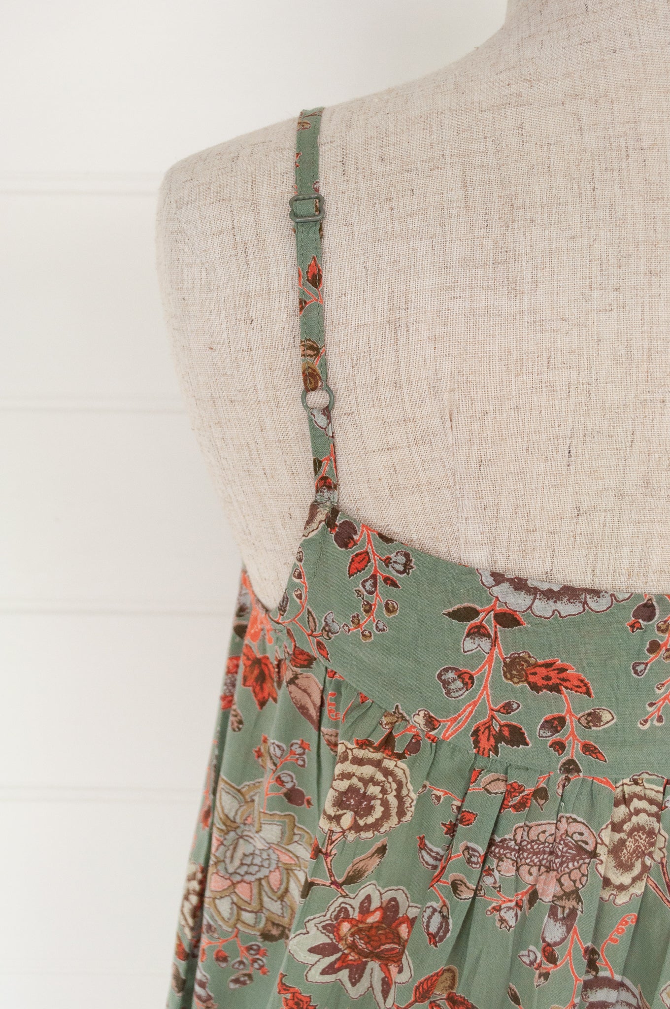 Juniper Hearth 100% cotton, screen printed by hand floral print summer nightdress nighty in sage green.