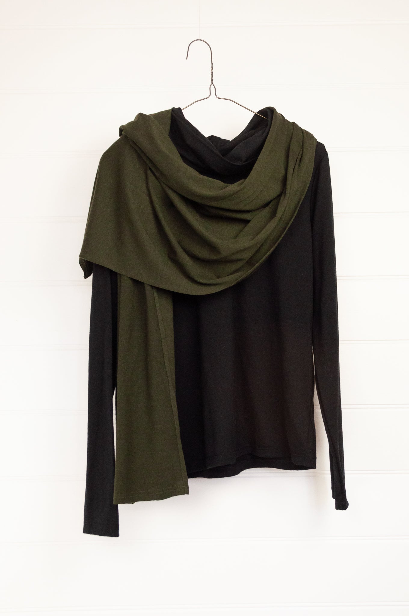 Kimberley Tonkin Bernie classic cowl neck in merino wool jersey in black.
