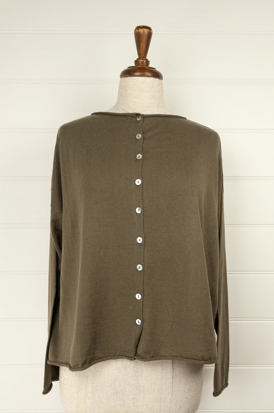 Juniper Hearth one size cotton cashmere blend button up loose fit cardigan in olive khaki green.