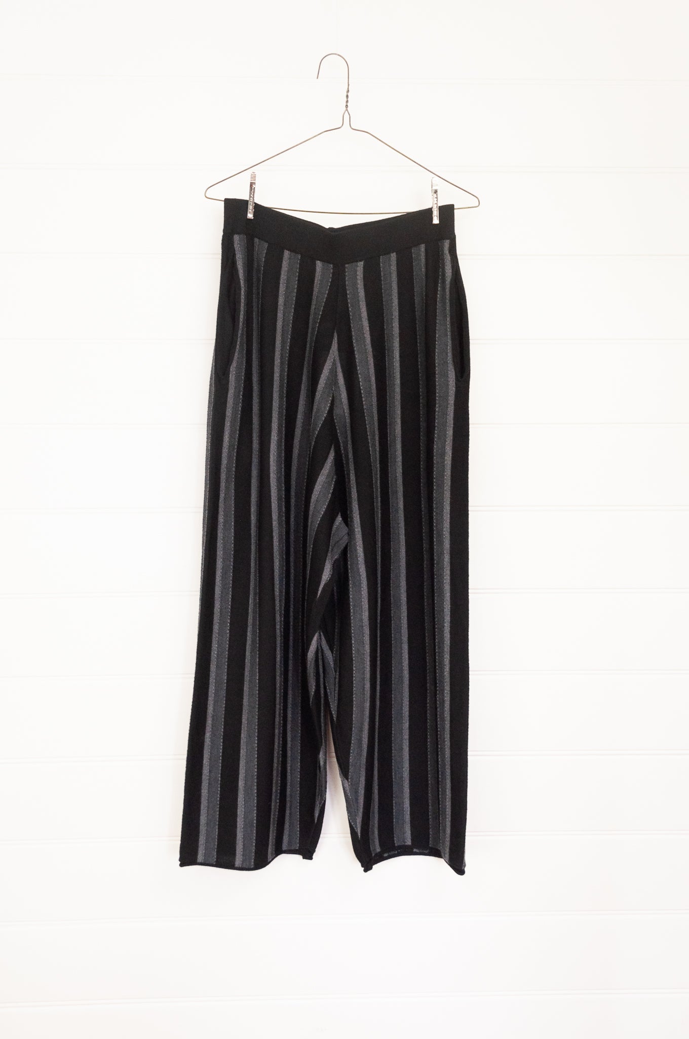 Banana Blue designed in Melbourne Australian merino wool knit pants in dark charcoal, grey and black vertical stripes.