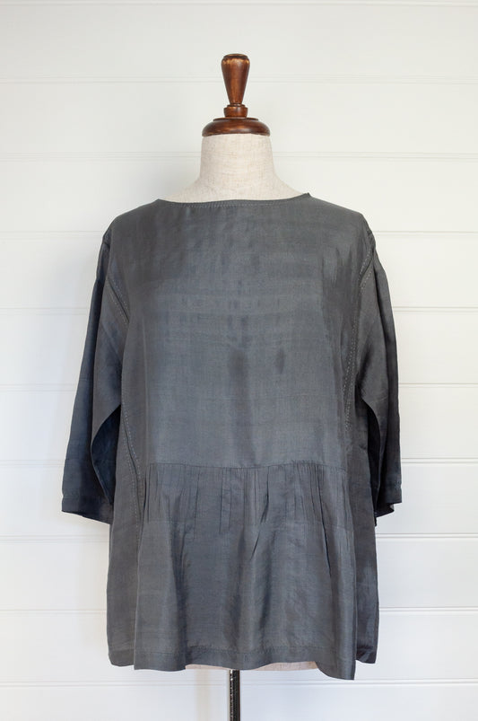Dve Collection one size Padma top in handloom, hand dyed charcoal grey silk, loose fit, elbow length sleeves, and hand stitching.