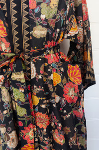 Juniper Hearth cotton voile kimono gown in Malabar black tropical floral print, coral, ecru and olive green on black.