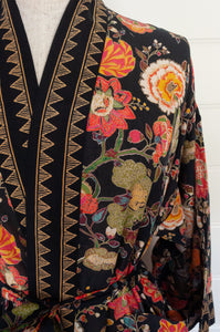 Juniper Hearth cotton voile kimono gown in Malabar black tropical floral print, coral, ecru and olive green on black.