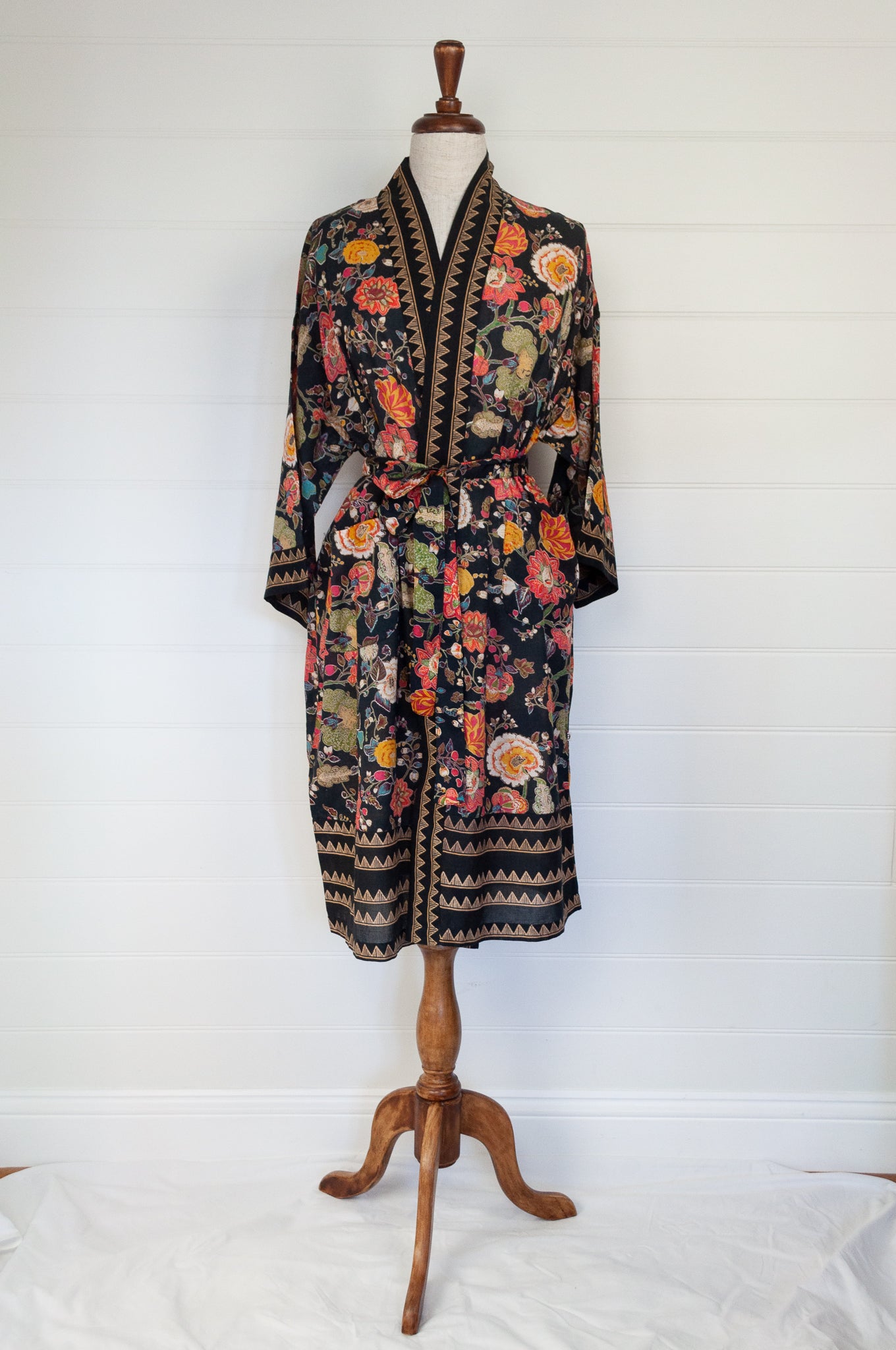 Juniper Hearth cotton voile kimono gown in Malabar black tropical floral print, coral, ecru and olive green on black.