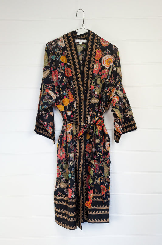 Juniper Hearth cotton voile kimono gown in Malabar black tropical floral print, coral, ecru and olive green on black.