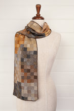 Load image into Gallery viewer, Sophie Digard pure wool artisan crocheted scarf, designed in France made in Madagascar, Puk in Tortuga earth palette of mustard, taupe, chocolate and charcoal.