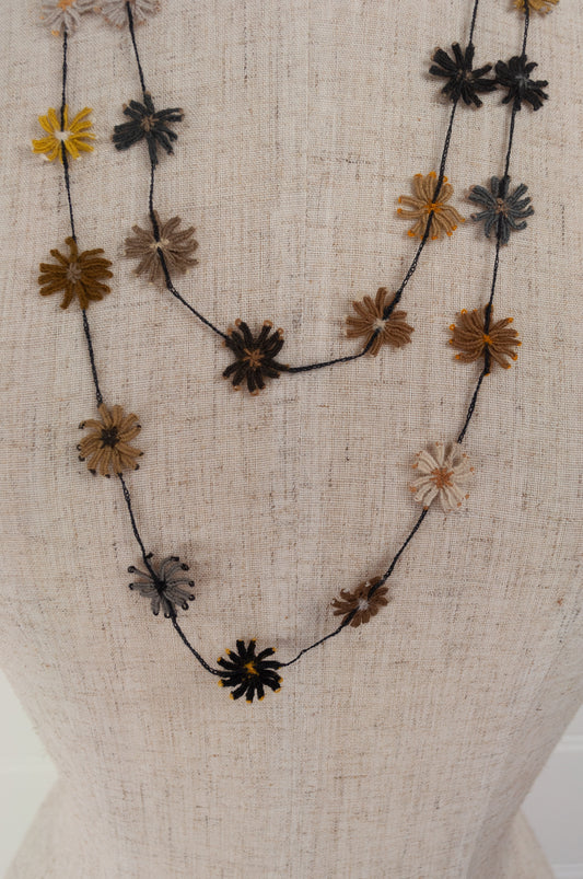 Sophie Digard long wool embroidered flower necklace in Tortuga earth tones.
