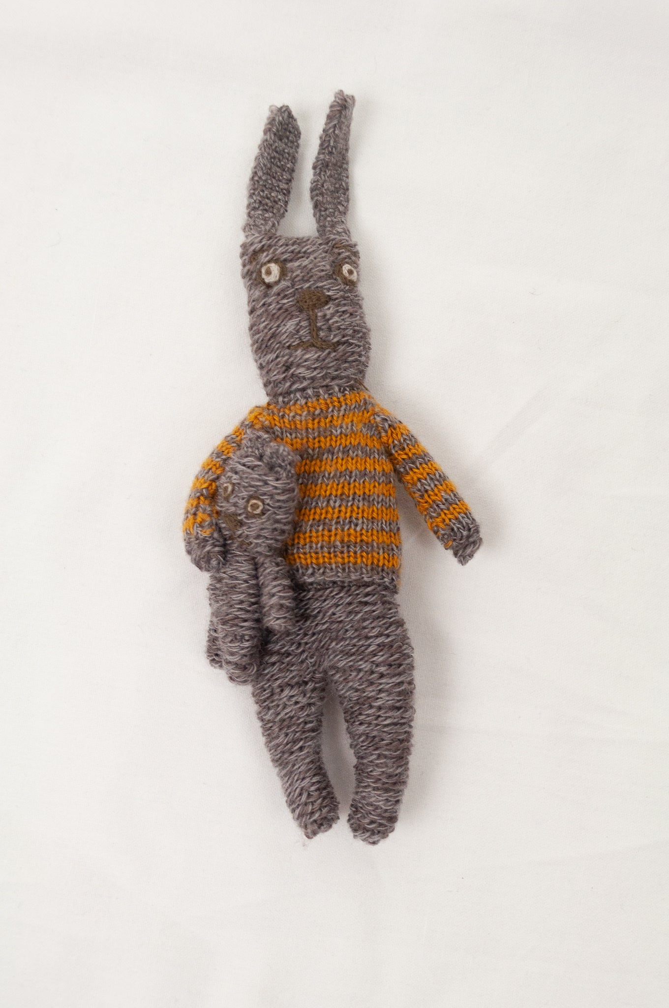 Sophie Digard artisan made, hand crocheted, hand knitted bunny in striped sweater with own teddy.