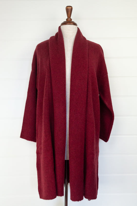 One size, longline boyfriend cardigan with shawl collar, in cherry red baby yak wool made in Nepal.
