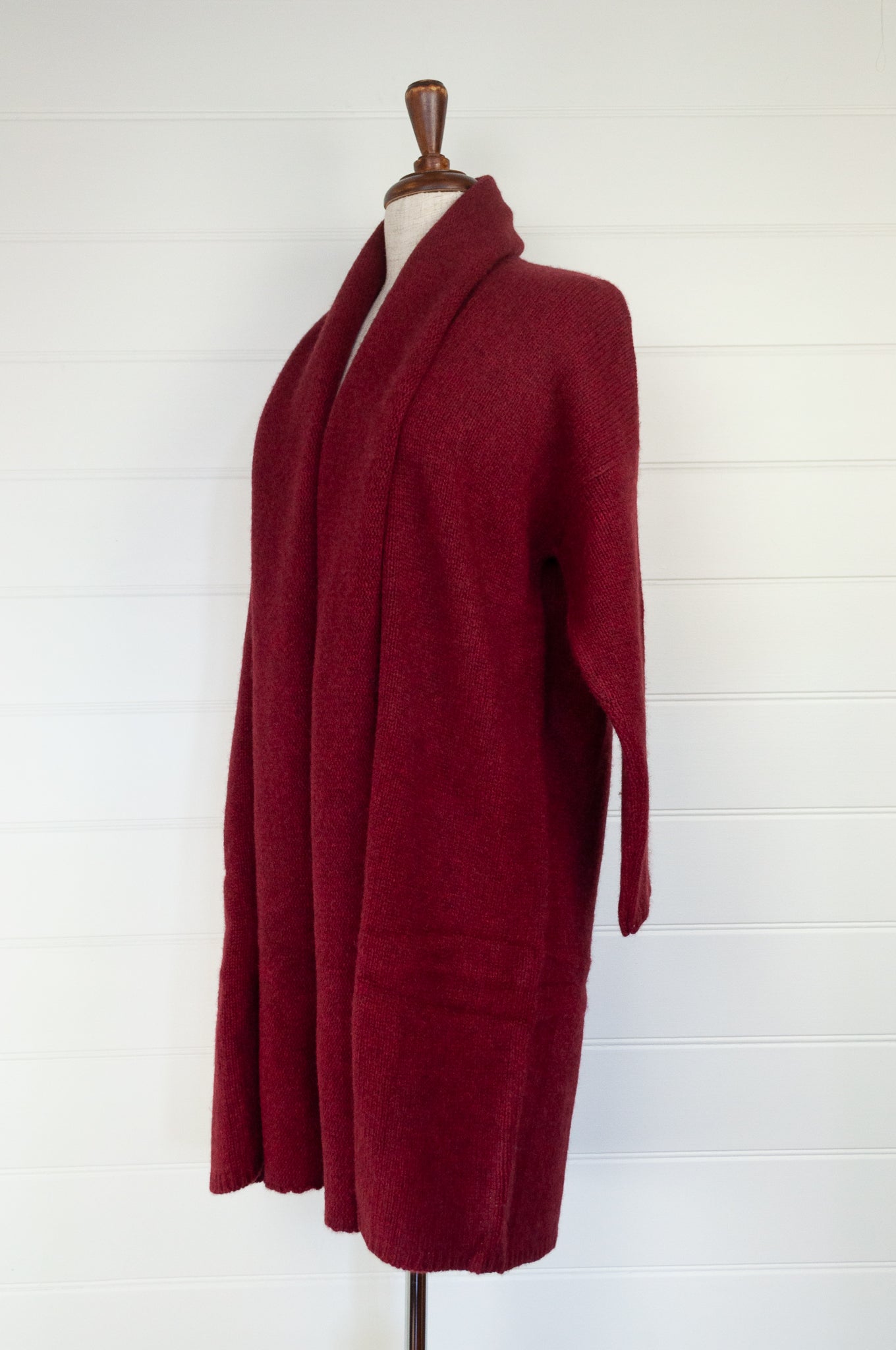 One size, longline boyfriend cardigan with shawl collar, in cherry red baby yak wool made in Nepal.