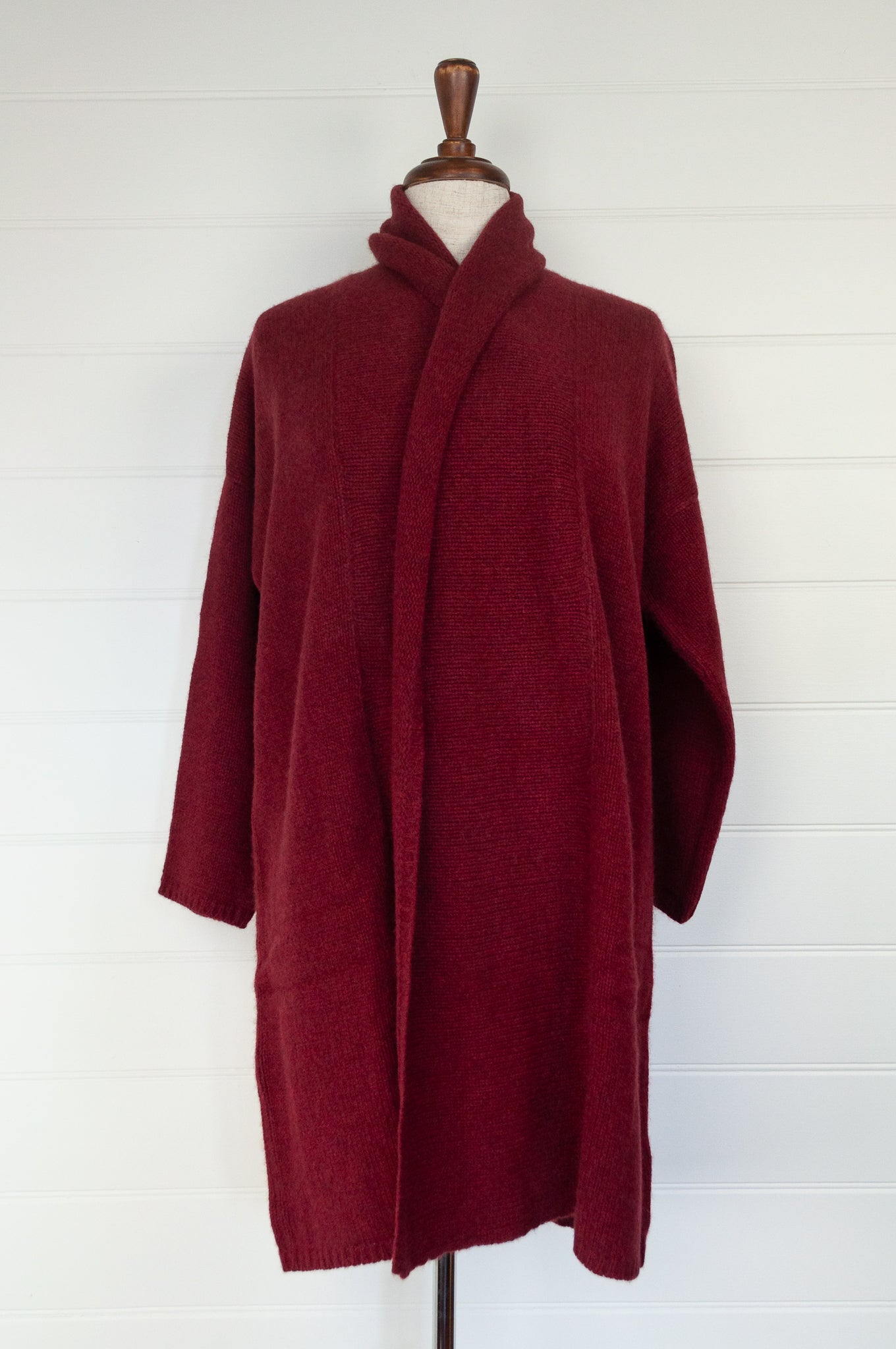 One size, longline boyfriend cardigan with shawl collar, in cherry red baby yak wool made in Nepal.