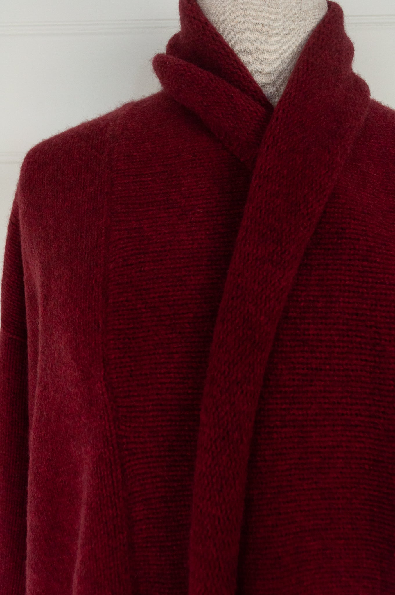 One size, longline boyfriend cardigan with shawl collar, in cherry red baby yak wool made in Nepal.