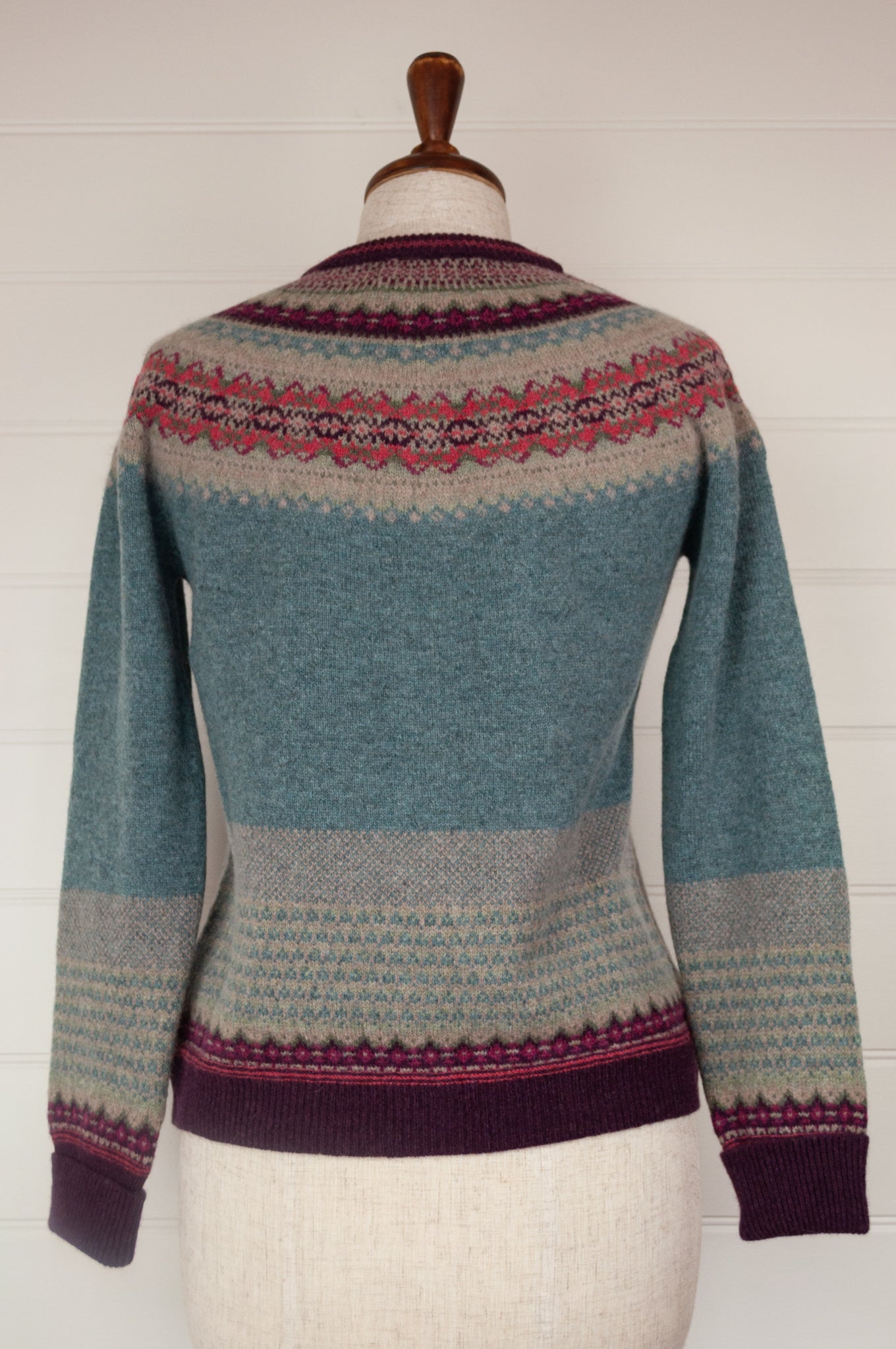 Made in Scotland Eribé fairisle merino and angora cardigan, Old Rose a nostalgic palette of dusky aqua with accents of burgundy and oatmeal, with pops of rose pink.