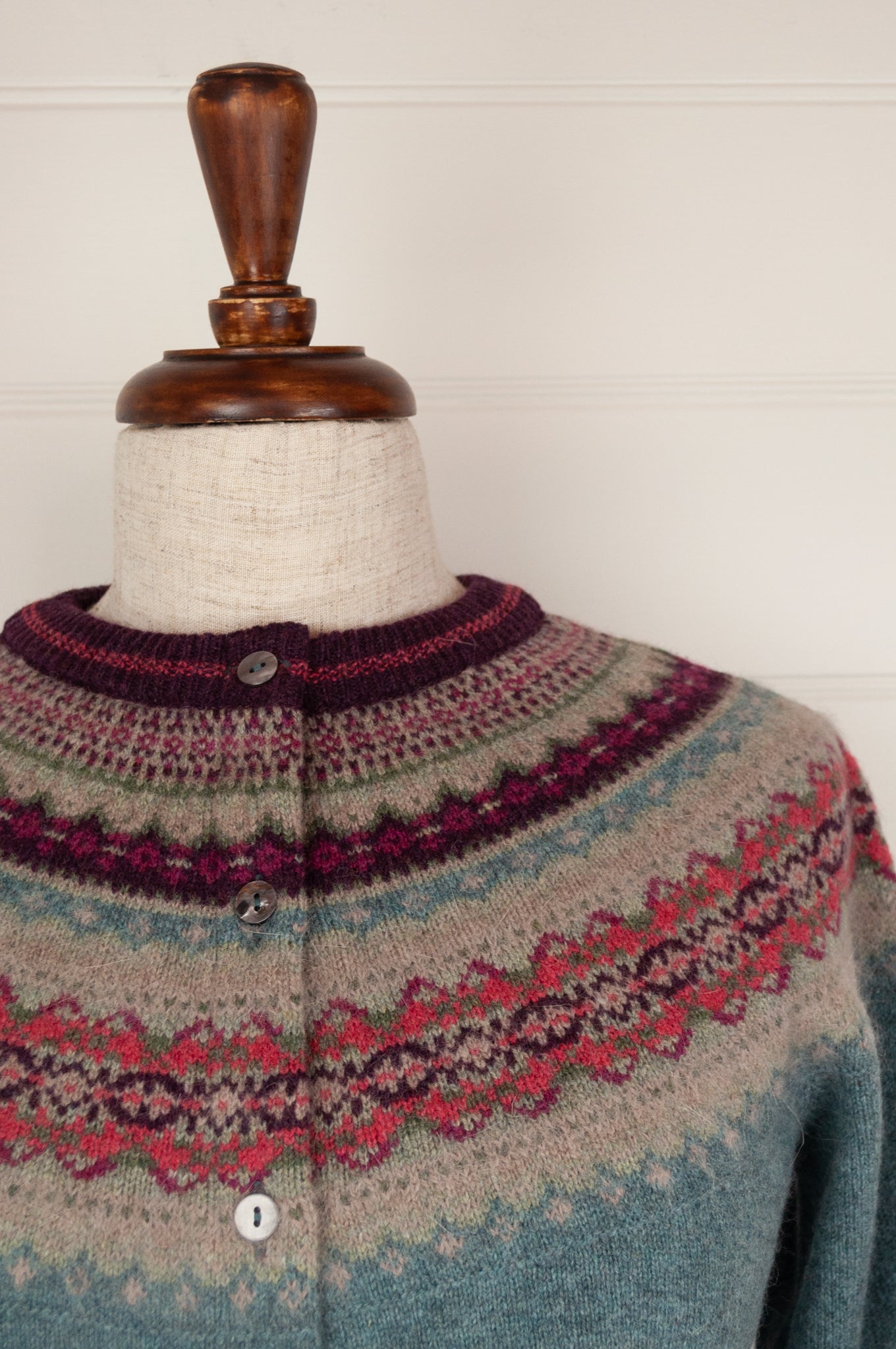 Made in Scotland Eribé fairisle merino and angora cardigan, Old Rose a nostalgic palette of dusky aqua with accents of burgundy and oatmeal, with pops of rose pink.