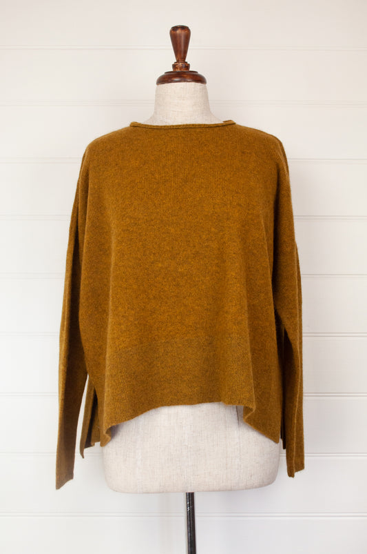 Baby yak wool Iris sweater ethically made in Nepal, loose fit crew neck with dropped shoulder and side slits, in maize, rich gold mustard yellow.