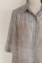 Load image into Gallery viewer, Raga Kaori shirt dress in sky blue and coffee brown fine stripe shibori.