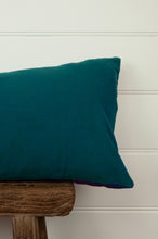 Load image into Gallery viewer, One off, vintage silk patchwork kantha stitched bolster rectangular cushion with feather insert, shades of sapphire, emerald and aquamarine, turquoise, teal and navy (handloom cotton backing).