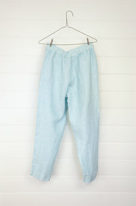 Haris Cotton made in Greece Ocean Air pale blue linen pants, flat front with elastic waistband at back.