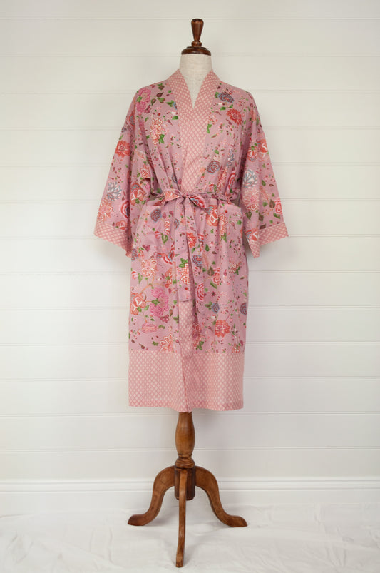 Ethically made, cotton voile kimono robe dressing gown in pink floral print.