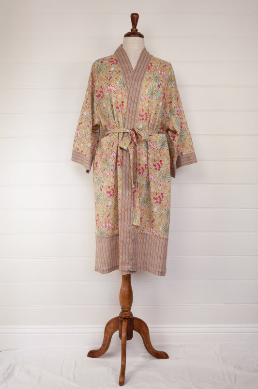 Ethically made, cotton voile kimono robe dressing gown in pale lime green floral print.