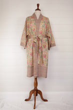 Load image into Gallery viewer, Ethically made, cotton voile kimono robe dressing gown in pale lime green floral print.